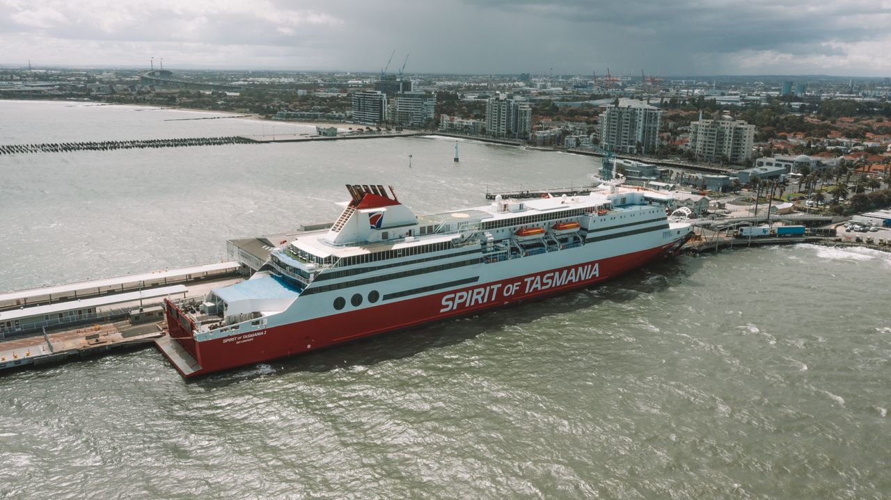 The Spirit of Tasmania ferry docked, from above